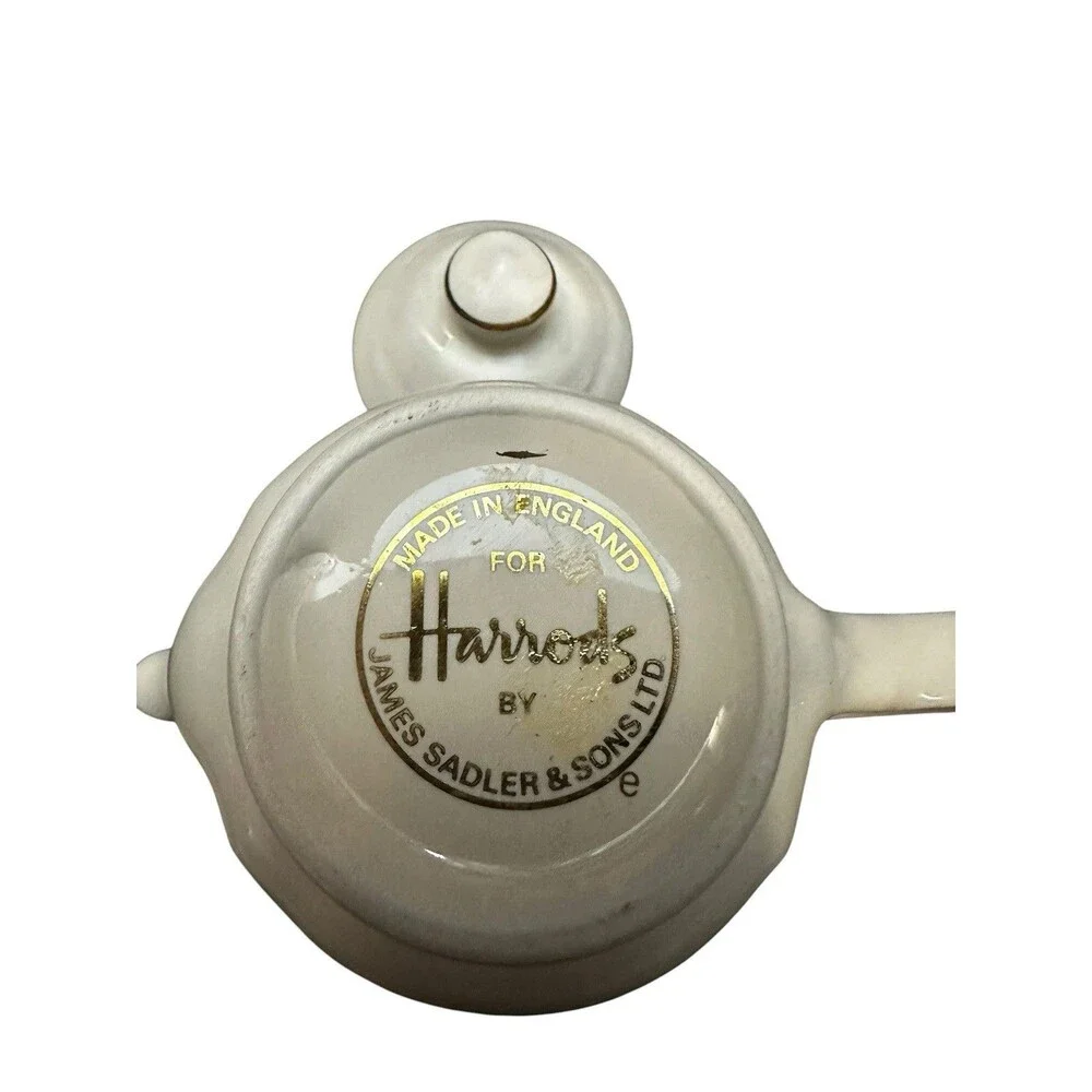 Vintage Harrods Knightsbridge White Ceramic Gold Trim Teapot James Sadler 3”